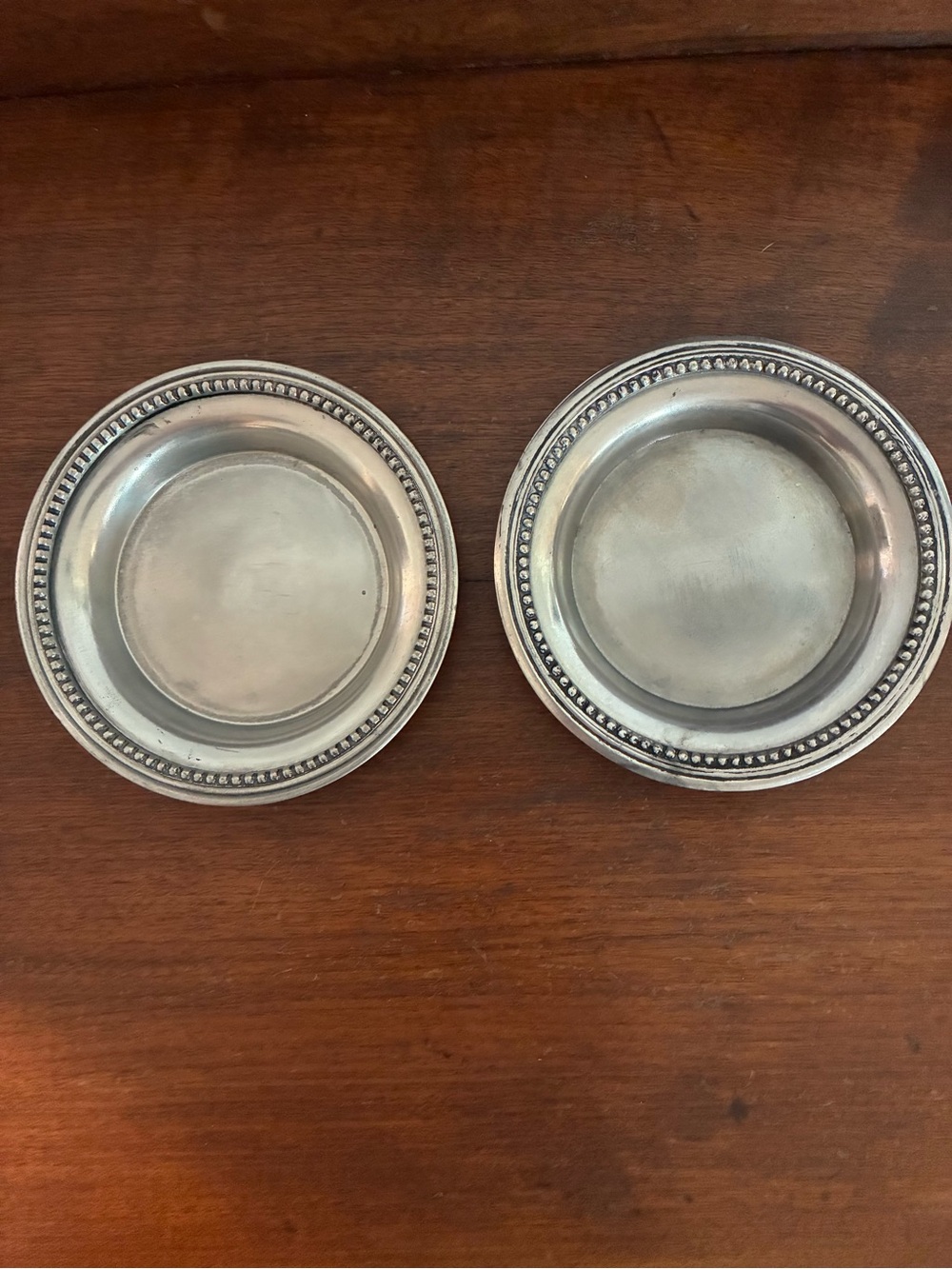 Set of 2 Round Silver-Tone Beaded Edge Pewter Candle or Trinket Dishes